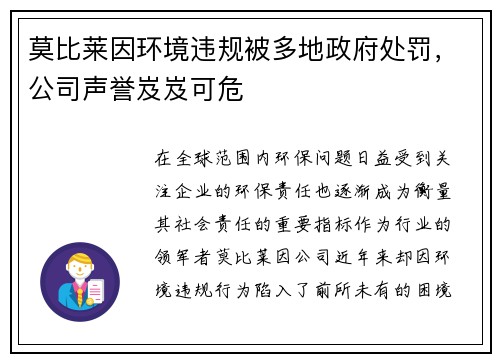 莫比莱因环境违规被多地政府处罚，公司声誉岌岌可危
