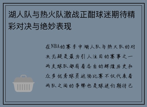 湖人队与热火队激战正酣球迷期待精彩对决与绝妙表现